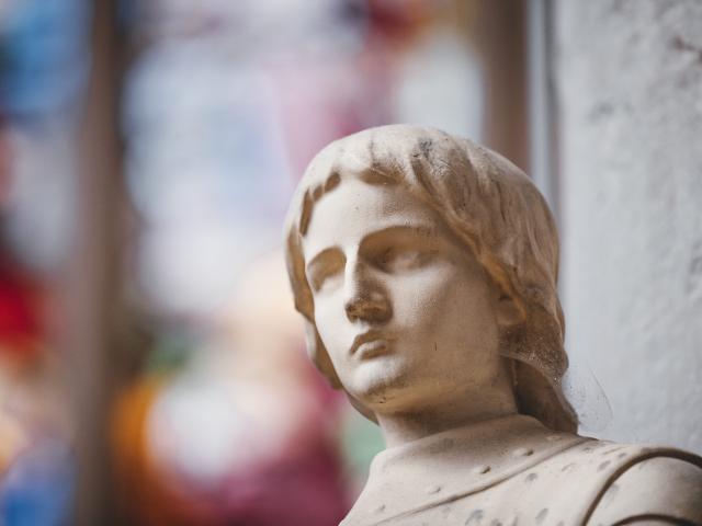 kerk, La Bouille, Jeanne d'Arc, standbeeld, religie, religieus, collectie, glas in lood, detail, architectuur, geschiedenis, erfgoed