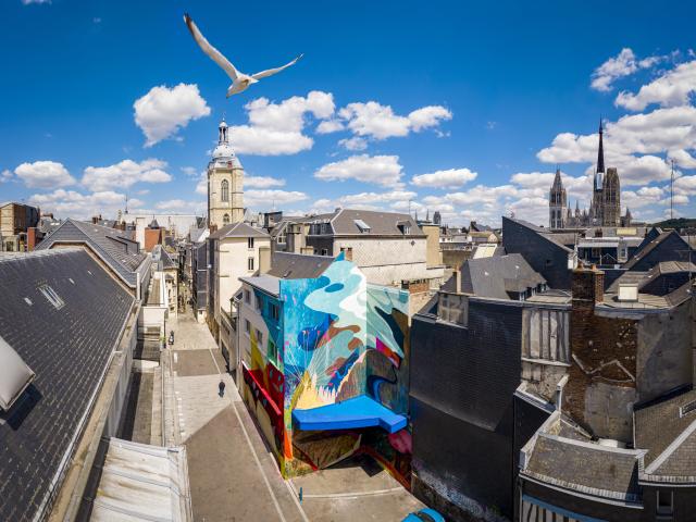 Rue des Vergetiers Fresco Jaw Normandie Street-Art Arte Patrimonio Edificio Diseño Estilo Artístico Inspiración centro Colores