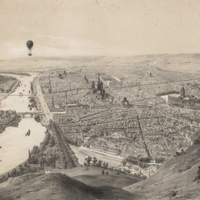 Rouen En Ballon Lithographie d'apres Jules Arnoult Vers 1840 Arch. Dep. De La Seine Maritime I Fi 486